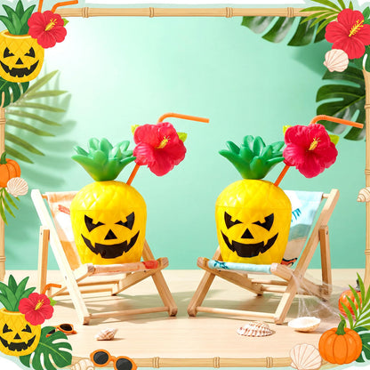 Yungyan 6 Sets Summer Halloween Pineapple Cups Drink Bottles with Ghost Facial Stickers & Straws for Summer Halloween Party Supplies Hawaiia Themed Hallows' Eve Ghost Tropical Favors Decorations