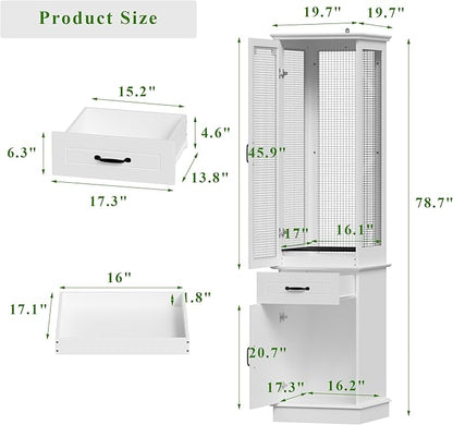 Modern White Tall Bird Cage with Storage Cabinet & Drawer, Elegant Flight Parrot Cage with Slide-Out Tray, Stylish Safe Bird Cages House for Parakeets, Cockatiels, Finches