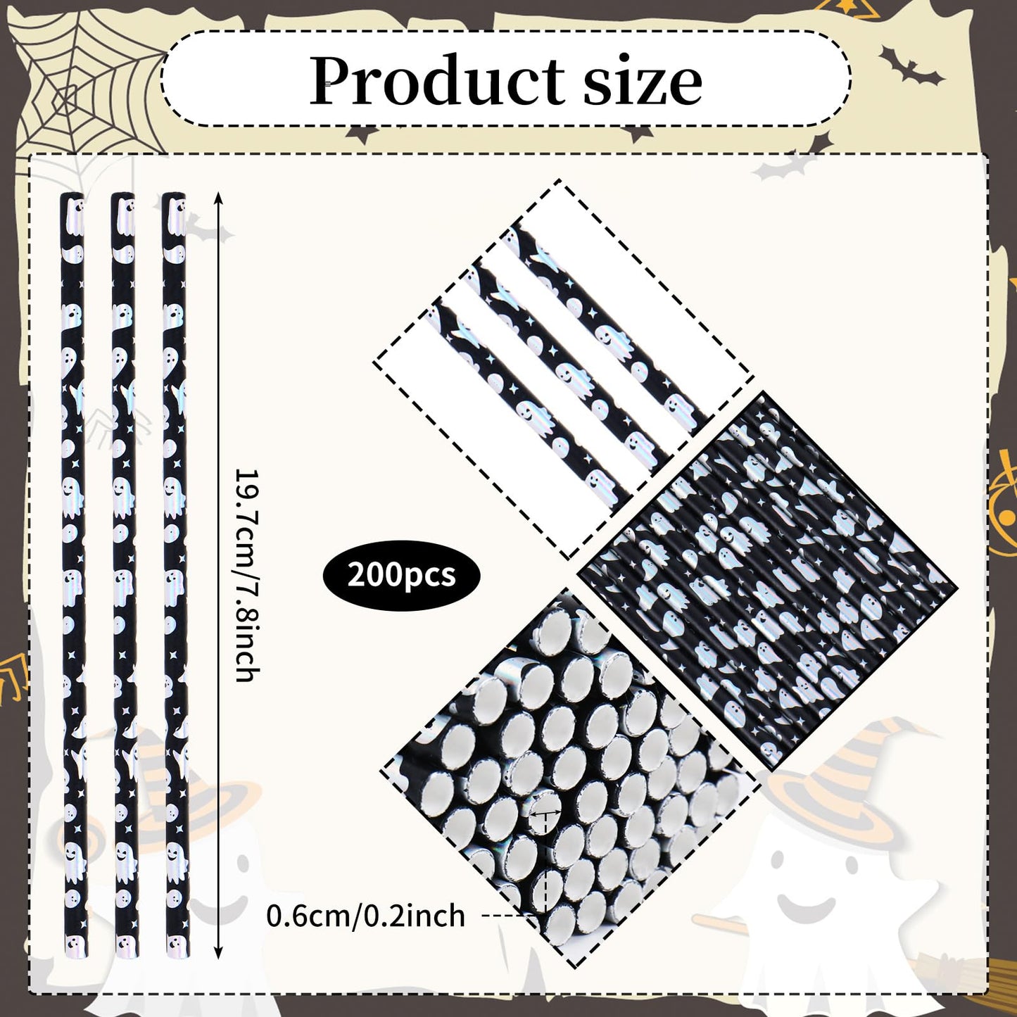 Whaline 200Pcs Halloween Paper Straws Iridescent Ghost Disposable Straws Black Silver Laser Ghost Drinking Straw for Halloween Spooky Party Supplies