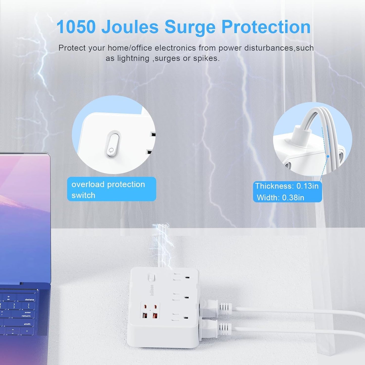 Flat Plug Power Strip Surge Protector, 5ft Ultra Thin Extension Cord with 4 USB Wall Charger(2 USB C Port), 6 Widely-Spaced Outlets Power Strip Compact for Travel, Office, Dorm Room Essentials (White)