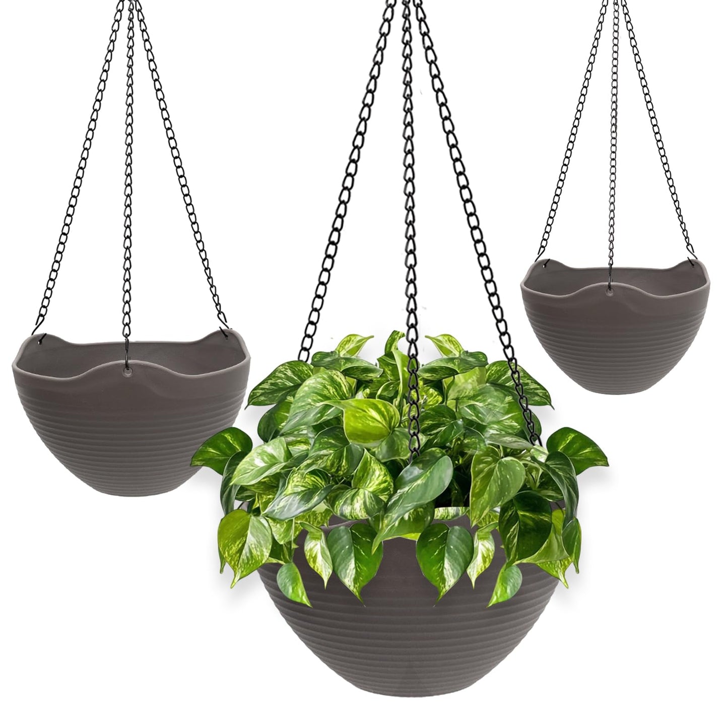 One Boat Hanging Planters for Indoor Plants 3 Pack - 7/8/10 Inch Plastic Hanging Pots with Water Sieve Mesh, Small Hanging Pots for Home Garden, Porch, Balcony & Patio Decor, Black