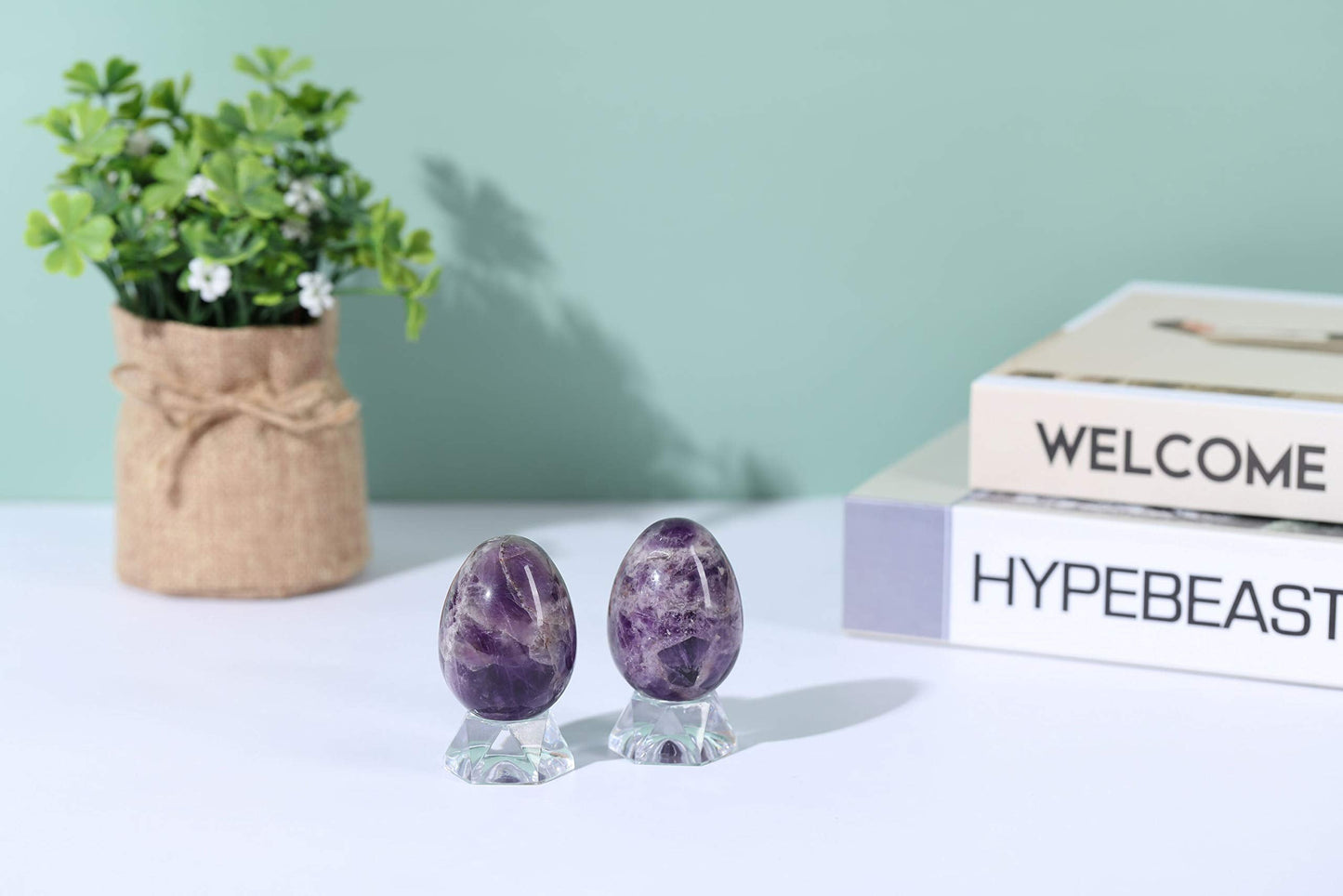 Jovivi Natural Amethyst Egg Sphere Sculpture Reiki Healing Crystal Gemstone Ball Divination Figurine with Acrylic Stand for Home Decoration