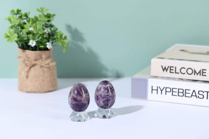 Jovivi Natural Amethyst Egg Sphere Sculpture Reiki Healing Crystal Gemstone Ball Divination Figurine with Acrylic Stand for Home Decoration