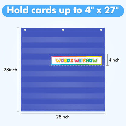 AUVCAS Standard Pocket Chart Clear 7 for Classroom & Home Heavy Duty Hanging Pocket Chart for Word Wall/Letter Cards/Sentence Strips 28Wx28L,Blue