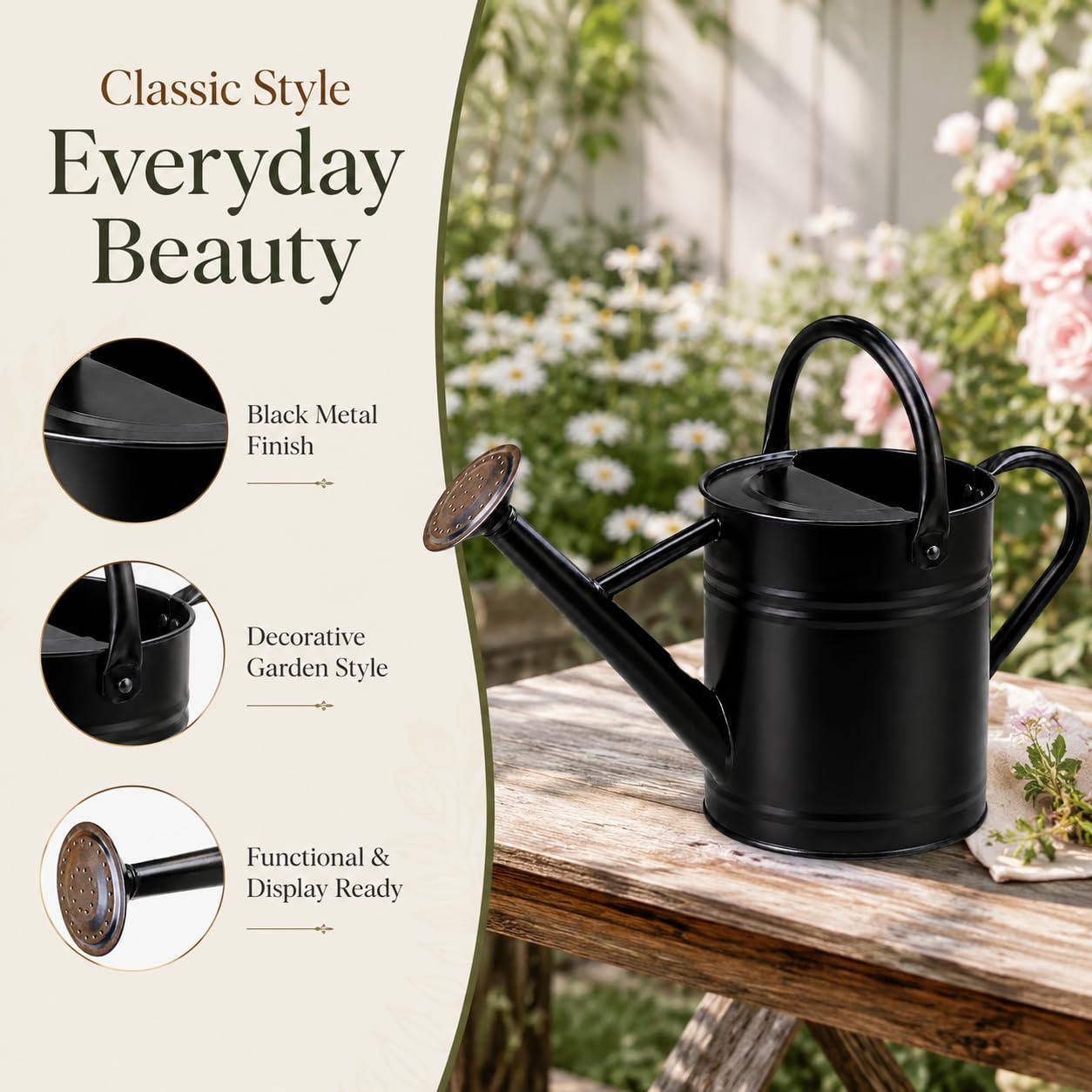1 Gallon Metal Watering Can for Indoor Outdoor Plants, Galvanized Steel Watering Can with Removable Spout, 2 Stainless Steel Handles, Garden Flower Watering Pot