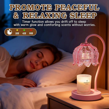 Funistree Flower Candle Warmer Lamp with Timer, Dimmable Candle Lamp Warmer, Christmas Birthday Gifts for Women Mom Her, Housewarming Home Decor, Lotus Wax Warmer for Yankee Candles - Full Pink