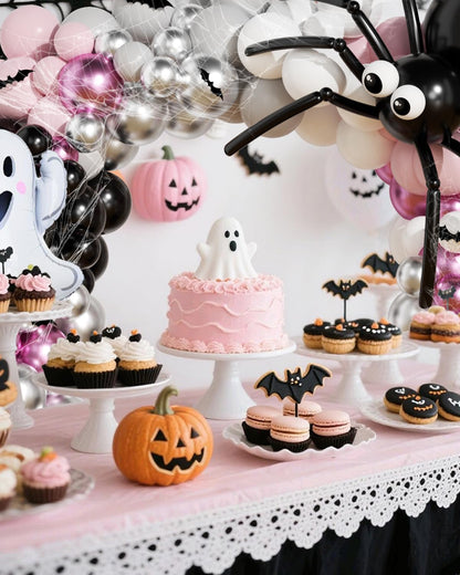 136Pcs Halloween Balloon Garland Arch Kit with Pink White Black Sliver Grey Eyes Balloons, Ghost Foil Balloon, Bats, Spider Web for Halloween Party
