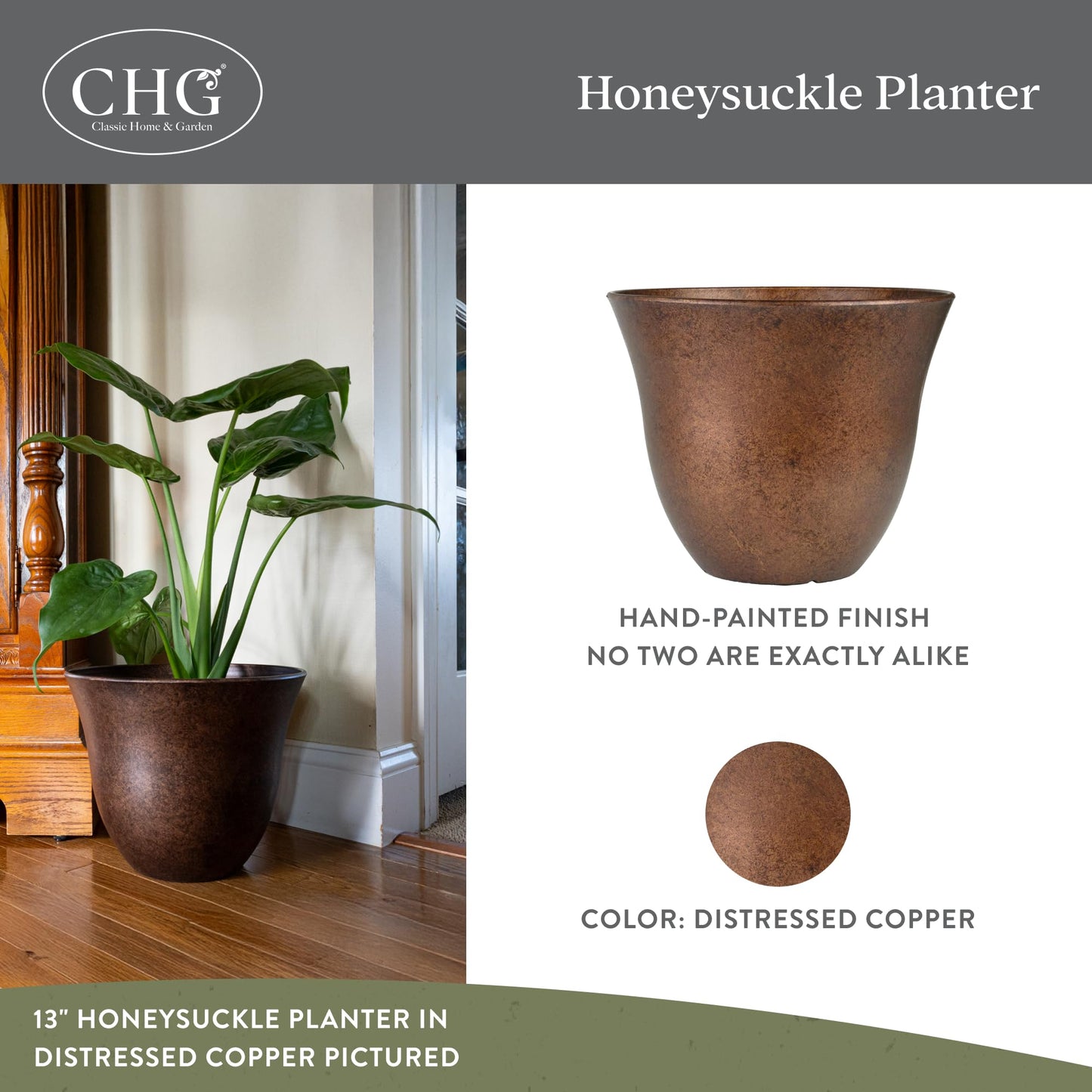 Classic Home and Garden by Growscape Honeysuckle Resin Planters - Lightweight Indoor & Outdoor Plant Pots - UV-Resistant Plastic Flower Pots - Pot Planters for Flowers & Herbs (15" Distressed Copper)