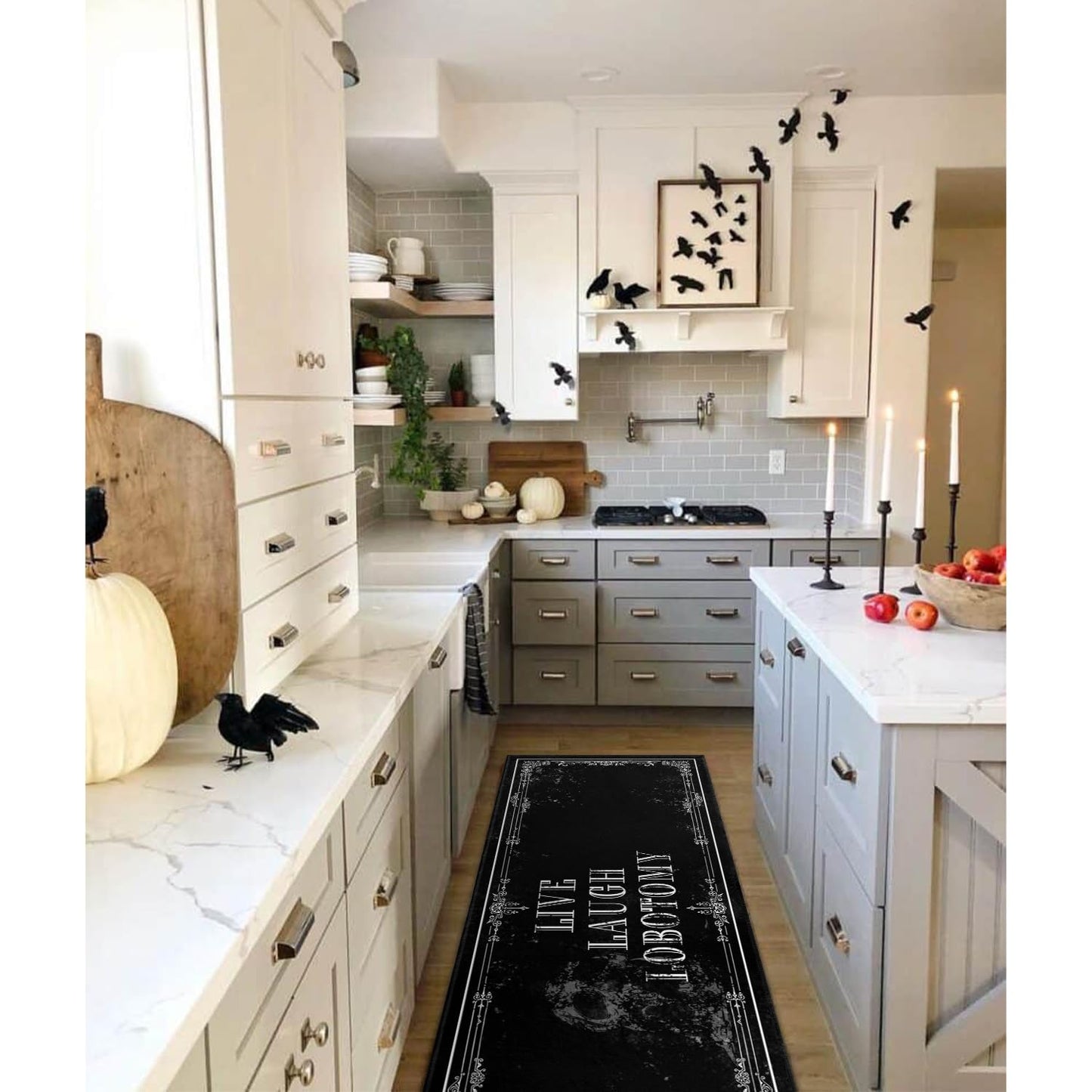 Fuoxowk Goth Kitchen Mat Set of 2 - Non Slip Halloween Spooky Kitchen Rugs Black Goth Rug Skull Witchy Rug for Home Kitchen - Live Laugh Lobotomy Sign - Halloween Gothic Kitchen Decor Accessories
