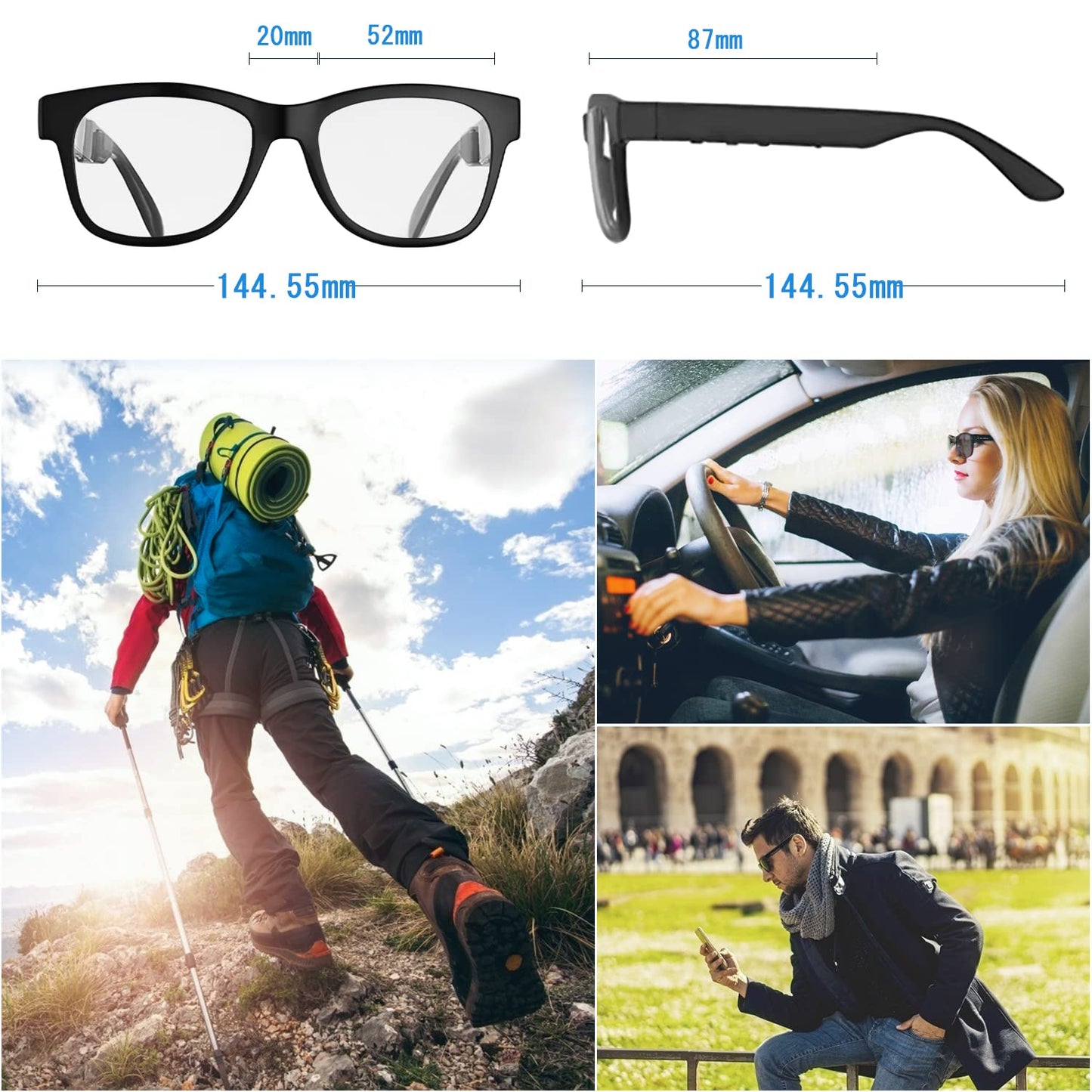 Bone Conduction Glasses, Open-Ear Headphones Bluetooth, Photochromic Sunglasses Anti Blue Ray, IP6 Waterproof Audio Glasses, Hand-Free Calling and Music, Smart Glasses for Women and Men