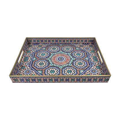 Plastic Coffee Trays,Serving Tray,Bohemian Blue Tray,15.7" L x 11.8" W x 1.57" H,Lightweight and Non-Slip with Handles,Perfect for Restaurants,Cafés,and Home Use(Rectangle Bohemian Blue)