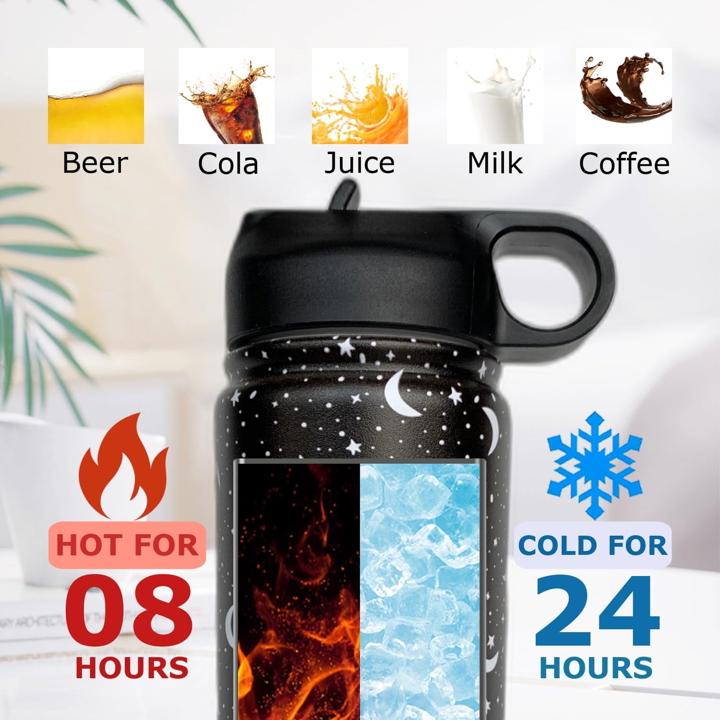 Goth Tumbler with Straw and Lid Gift for Boys Girls Gothic Water Bottle Halloween Travel Kettle Cup for Car Cold and Hot Stainless Steel Double Wall Insulated Mug (star moon, 18oz)