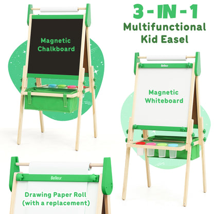 Belleur All-in-One Art Easel for Kids, Adjustable Double Sided Easel for Toddlers with Magnetic Whiteboard & Dry-Erase Chalk Board & Paper Roll, Child Painting Easel for Kid 2-8 Birthday Gift-Green