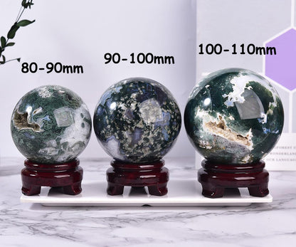 MOGEMT Large Moss Agate Crystal Sphere Natural Healing Crystal Ball with Stand Meditation Decorative Balls Home Decor 100-110mm/3.9-4.3"