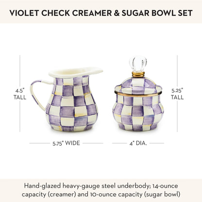 MACKENZIE-CHILDS Enamel Creamer and Sugar Bowl Set, Cream Dispenser with Pour Spout and Sugar Holder, Unique Kitchen Decor, Purple-and-White Violet Check