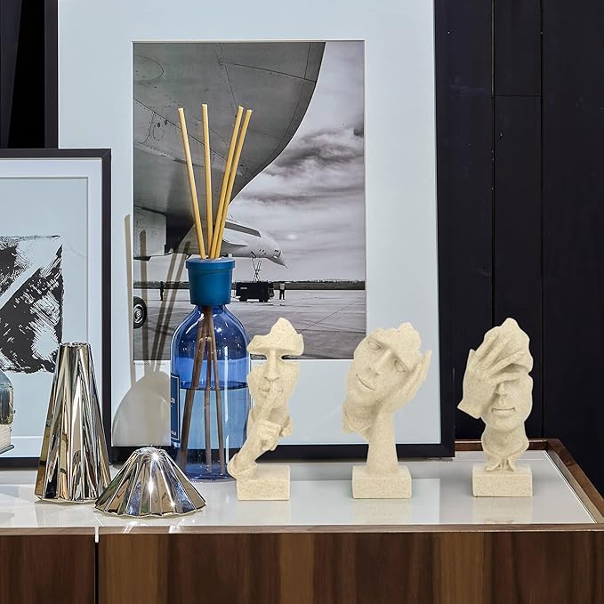 3 Pcs Thinker Statue, Silence is Gold Abstract Art Figurine, No Hear No See No Speak Modern Home Resin Sculptures Decorative Objects Decor for Home Office Bookshelf Desktop(Sandstone)