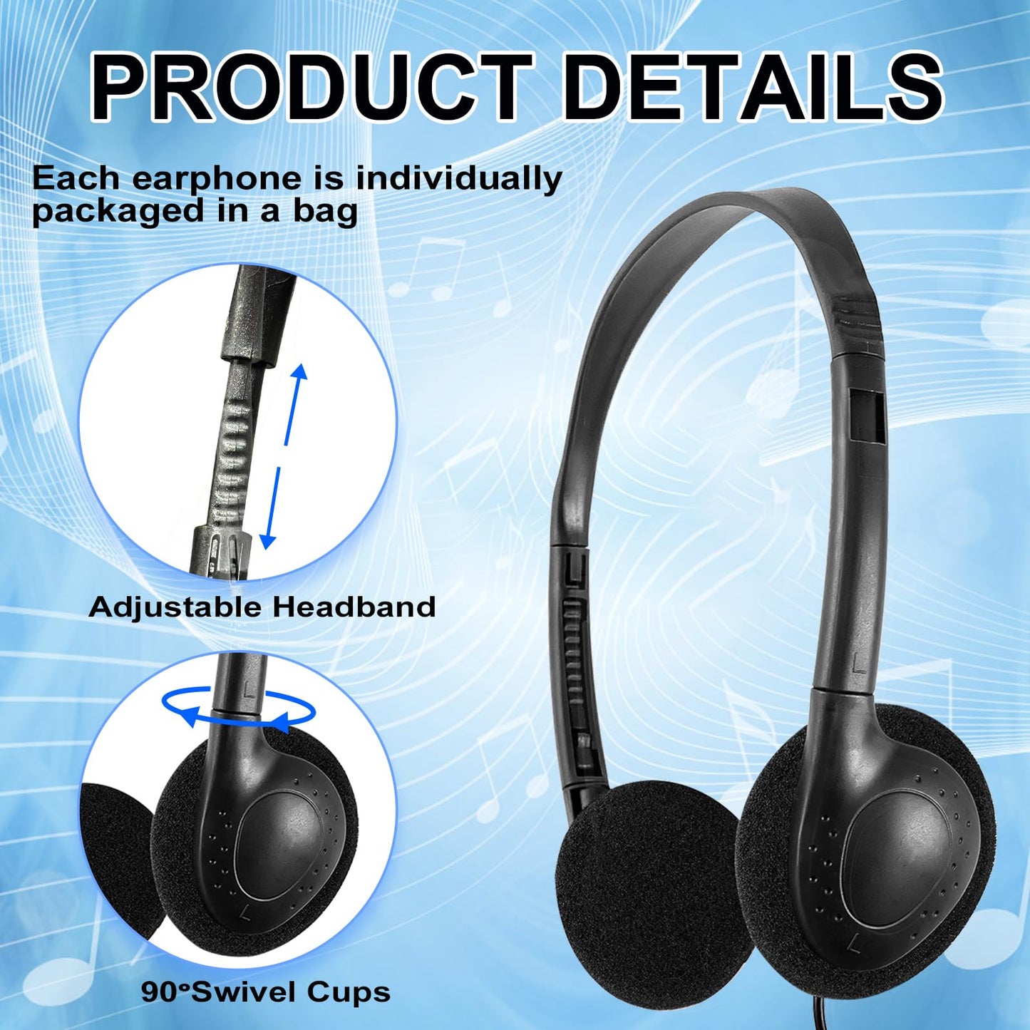 CN-Outlet 50 Packs Classroom Headphones Bulk for School Students Kids Children Toddler Boys Girls Teens and Adult, Wholesale Disposable Earphones (50 Black)