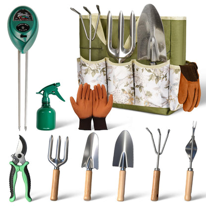 Garden Tool Set,10 Pcs Heavy Duty Gardening Hand Tools Set with Soil Moisture Meter and Storage Tote Bag,Rust-Proof Garden Supplies Kit for Planting,Ideal Gardening Gifts for Women