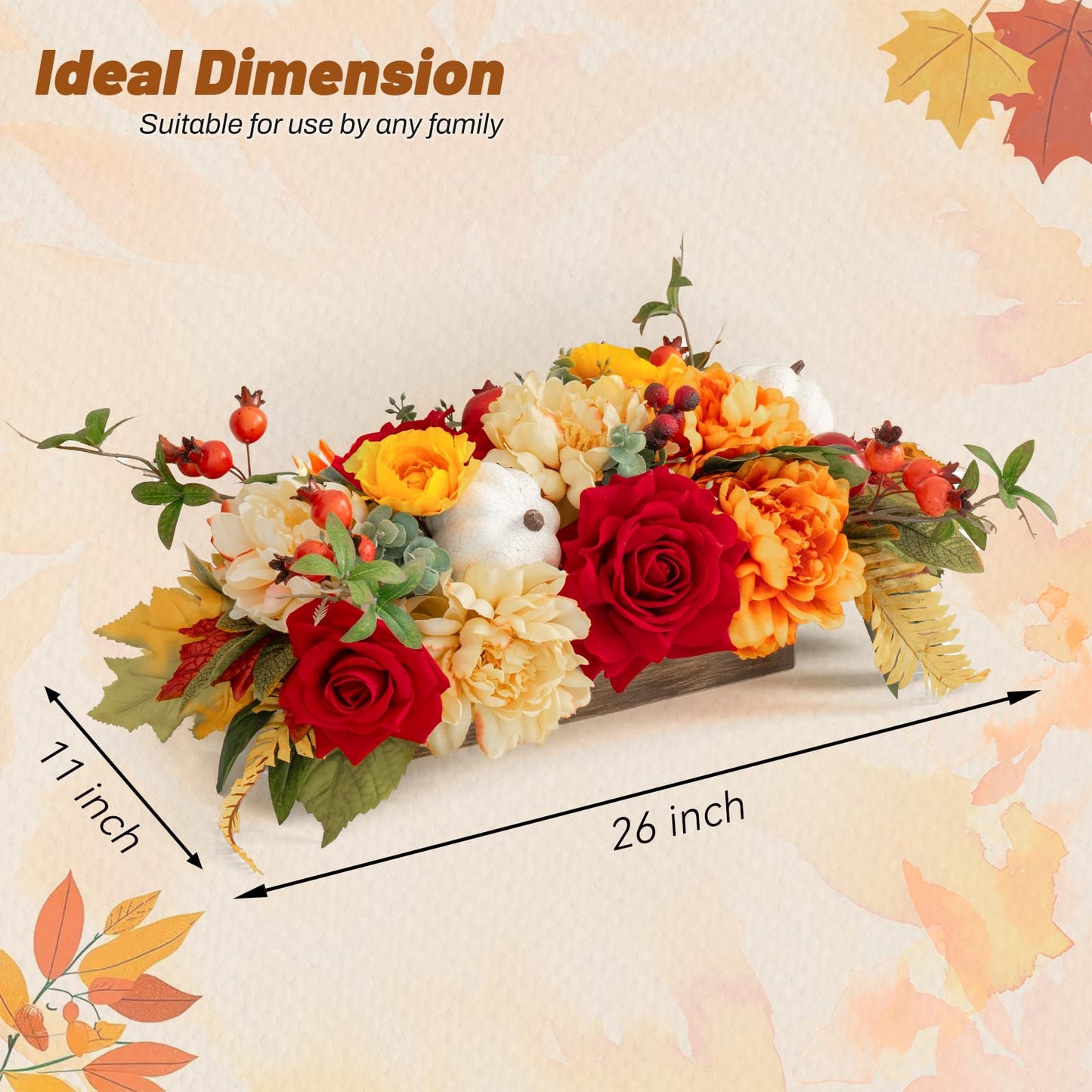 PureCosy Fall Centerpiece for Table, Handmade Realistic Silk Floral Arrangement with Peonies, Roses, Berries & Foam Pumpkins Thanksgiving Centerpiece and Autumn Harvest Table Decor for Dining Table