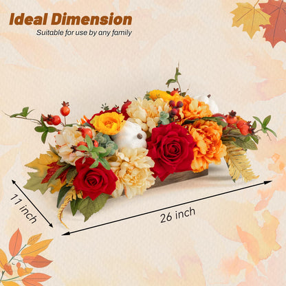 PureCosy Fall Centerpiece for Table, Handmade Realistic Silk Floral Arrangement with Peonies, Roses, Berries & Foam Pumpkins Thanksgiving Centerpiece and Autumn Harvest Table Decor for Dining Table