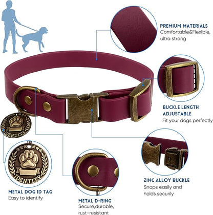 Wisedog Waterproof Dog Collar and Leash Set, S, Burgundy | Adjustable Puppy Collar, Cute Tag, 4FT Dog Leash, Includes Poop Bag, For Small Medium Large Dogs