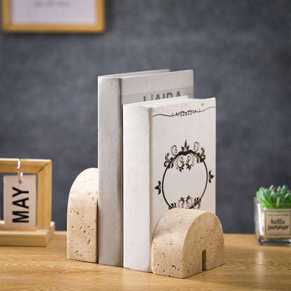 Newtay 2 Pcs Marble Bookends for Shelves 5 Inch and 3 Inch Natural Travertine Book Ends Decorative Stone Bookends Heavy Duty Marble Book Holder for Bookshelf Home Decor