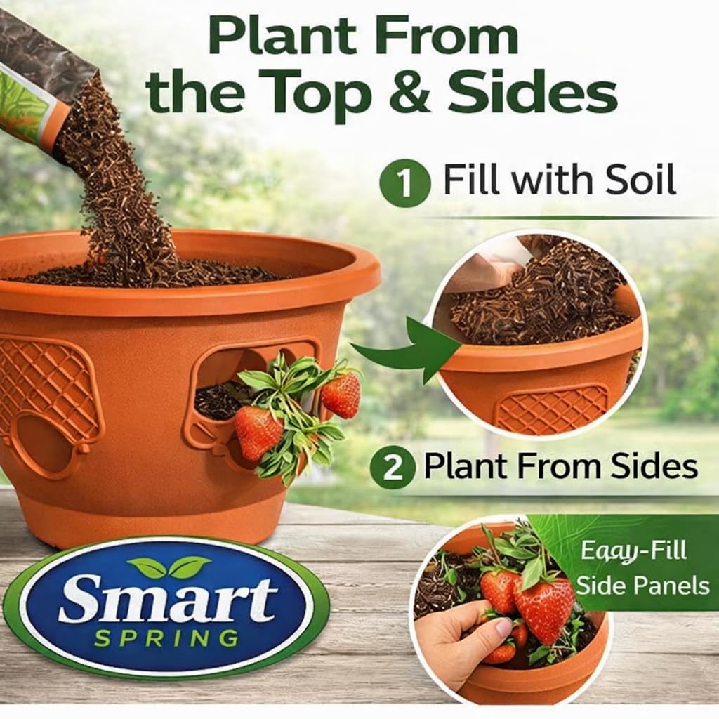 smart spring Ultimate Hanging Baskets - Strawberry, Tomato, Flower, and Herb Outdoor Planters - Use Garden Pots for Growing Plants Outside On A Deck, Fence, or Balcony (2, Terracotta)