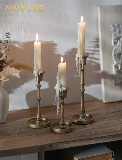 NUPTIO Cast Iron Candlestick Holders: Antique Brass Taper Candle Holders with Unique Drip Wax Aesthetics - Set of 3 Gold Candle Sticks Holder Fireplace Mantel Decor