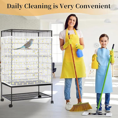 Daoeny 2PCS Bird Cage Seed Catcher, Large Bird Cage Cover, Adjustable Soft Airy Nylon Mesh, Birdcage Cover Skirt Seed Guard for Parrot Parakeet Macaw Round Square Cages (Black & White Daisy)