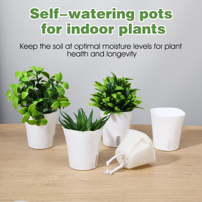 Meyeyaia 20 Pcs 3 Inch Self Watering Pots for Indoor Plants, White Plastic Self Watering Planters with Wicking Rope Visual Water Level & Vent Holes for Succulents, Flowers Indoor Outdoor