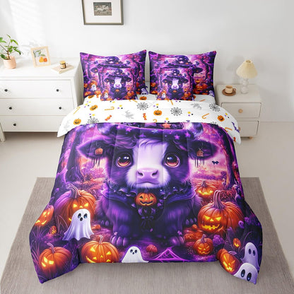 Erosebridal Halloween Highland Cattle Twin Comforter Set 7 Piece for Kids Boys Girls Pumpkin Lantern White Ghost Bed in A Bag with Sheetscartoon Gothic Bedding Set Purple Goth Bed Set