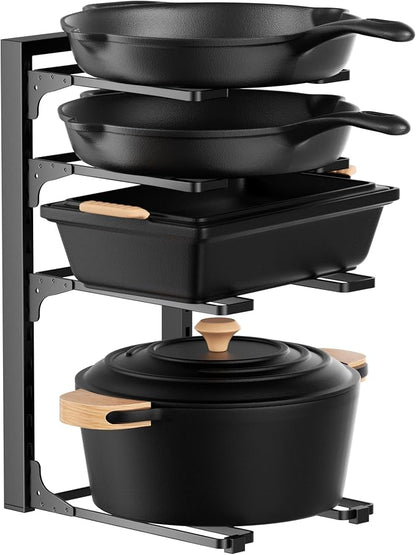 MUDEELA Pots and Pans Organizer under Cabinet 15.75" Tall, 4-Tier Heavy Duty Pan Organizers inside Cabinet Kitchen Storage, Adjustable Pot Rack Holds up to 44 LB Cast Iron Skillets Shallow Cookware