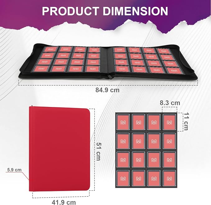 16 Pocket Toploader Binder,Holds 640 Top Loaders,Top Loader Binder for 3" x 4"Rigid Cards,Sleeves Card Collection Binder,20 Double Sided Pages,Compatible with Trading & Sports Holder (16Red)