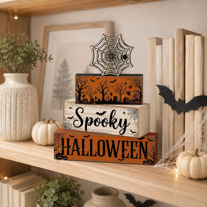 4 Pcs Halloween Table Decorations, Spider Web Tiered Tray Decor, Farmhouse Rustic Wooden Block Signs, Spooky Halloween Tabletop Centerpiece for Home Kitchen Shelf Office Mantel
