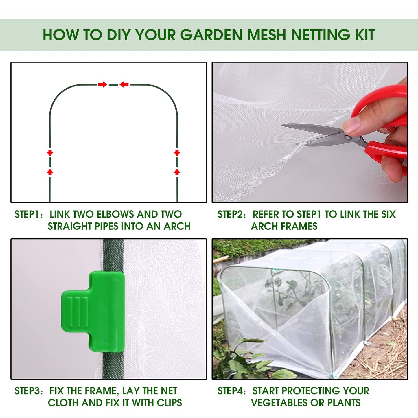 Garden Netting Kit for Raised Beds, 8x24Ft Ultra Fine Mesh Netting with 6 Sets Garden Hoops, Plant Row Cover Insect Netting Birds Pest Barrier Net for Vegetable Fruit Flowers