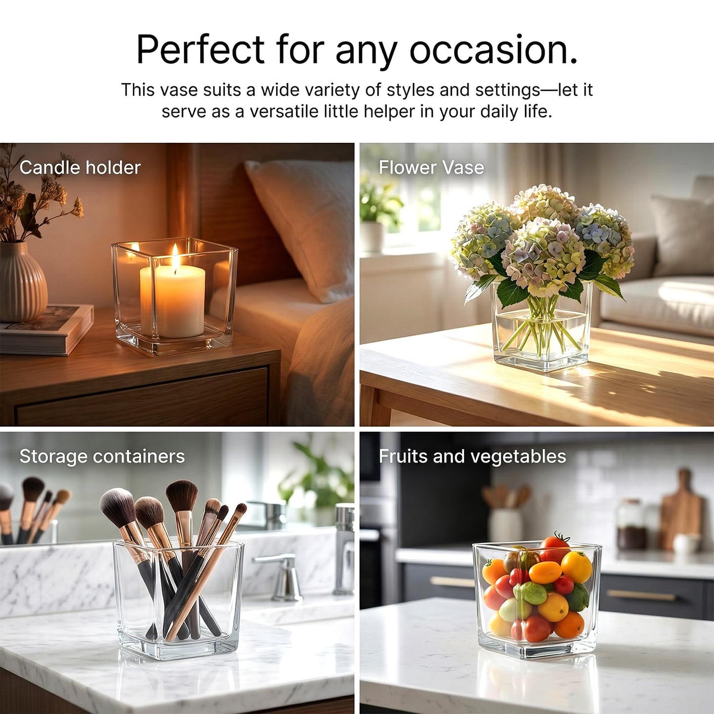 6 Pack Square Glass Vases 5"x 5" x 5", Plant Terrarium, Floating Candle Holder, Clear Bulk Flower Vases for Centerpieces,Wedding Party, Office Decorations, Home Décor, Events