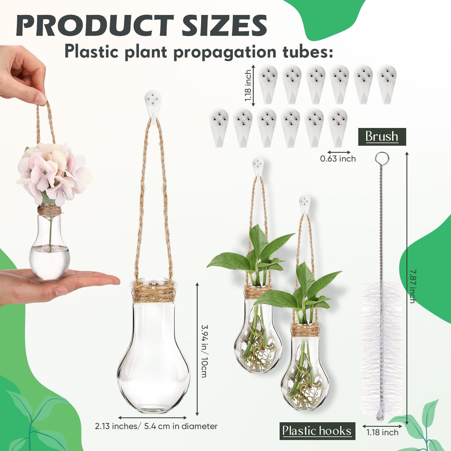 Baderke 24 Pack Hanging Propagation Station 3.9 Inch Plastic Plant Vases with Hooks & Cleaning Brush Clear Window Jars for Plant Clippings, Home Office Decor, Gardening Gifts for Women