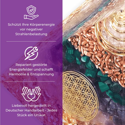 ORGONIC-Art Orgonite Pyramid – Inspired by the Ideas of Wilhelm Reich, with Malachite, Amethyst & Rose Quartz, a Symbol for a harmoniously perceived Atmosphere amid WiFi, 5G & Modern Technology.