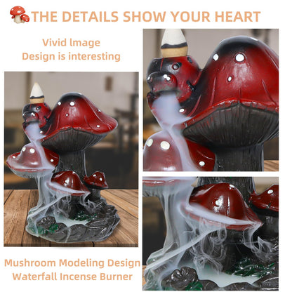 Mushroom Backflow Incense Holder – Ceramic Incense Cone Holder with 60 Backflow Incense Cones | Waterfall Incense Burner & Waterfall Fountain | Unique Smoke Cascade Effect for Relaxation & Meditation