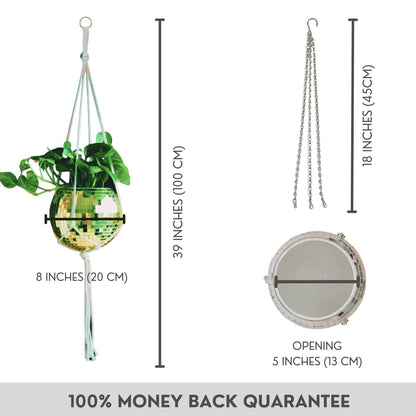 SCANDINORDICA Disco Ball Planter 8" Gold with Chain and Macrame Hanger and Disco Ball Planter Pot 4.3" with Saucer (0.2x0.2 mirror tiles)