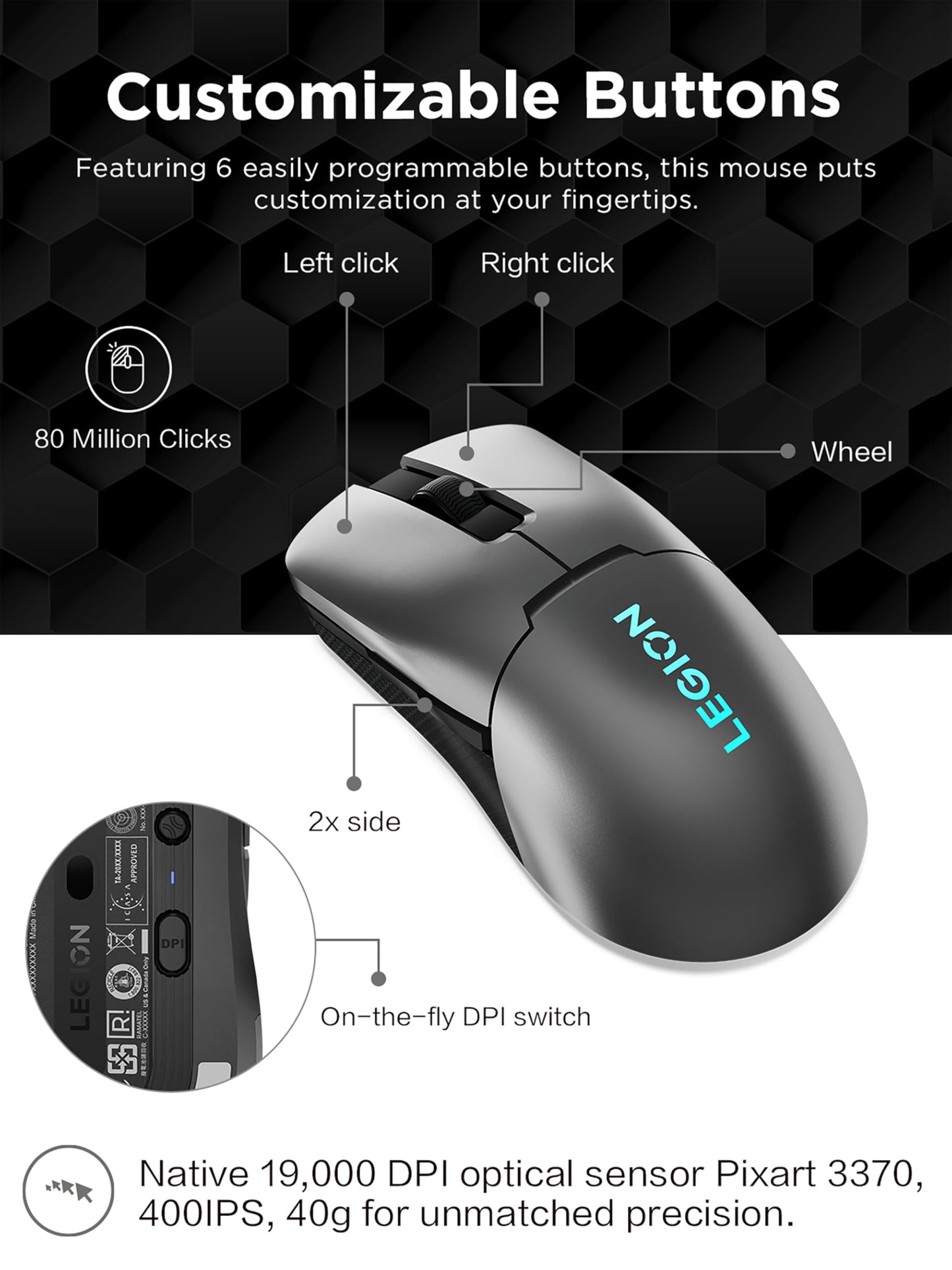 Lenovo Legion M410 Wireless RGB Gaming Mouse – 6 Button Palm Grip Mouse with 16,000 DPI, 53 Hour Rechargeable Battery, 2-Zone RGB Lighting, NVIDIA Reflex Compatible