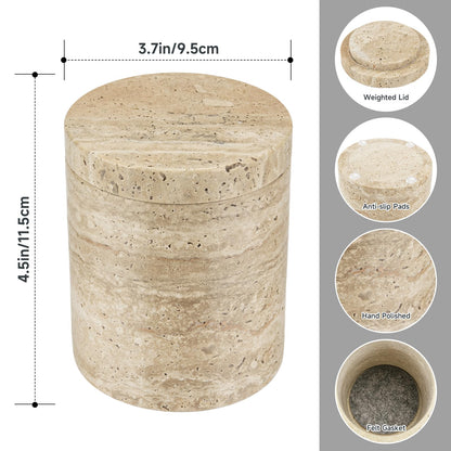 N NANSHOP Natural Marble Canister, Cotton Swab Holder with Lid, Marble Toothbrush Holder Qtip Holder Storage for Cotton Swab, Floss Picks, Makeup Pad, Bath Salt, Beige White Travertine(NS019)