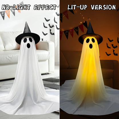 Halloween Decorations Outdoor & Indoor Decor - 2 Pack 59-inch Remote Control Spooky Ghost String Lights with Witch Hats, Halloween Lights for Porch, Yards, Patio, Garden Lawn, Party