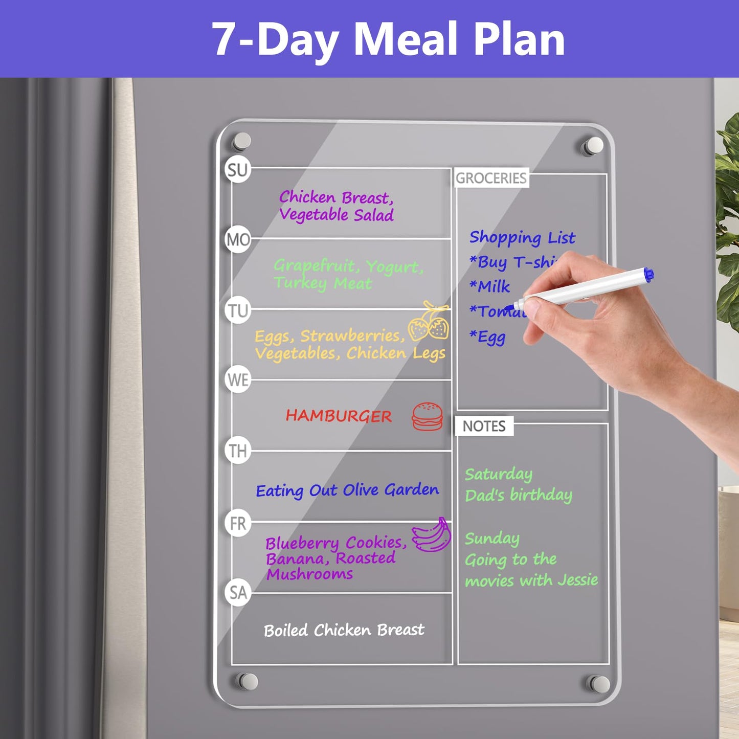 Acrylic Meal Planner Magnetic Menu Board for Kitchen Fridge, 13"x9" Clear Weekly Calendar Planning Board Noteboard Refrigerator Dry Erase Board to Do/Grocery/Shopping Lis Includes 6 Markers