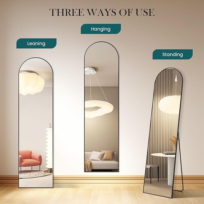 NEWBULIG Arched Mirror Full Length, 16"x59" Body Wall Mirrors with Shatter-Proof Glass, Upgraded Floor Standing Mirror, Hanging or Leaning, with Stand Aluminum Alloy Frame for Home Decor, Black