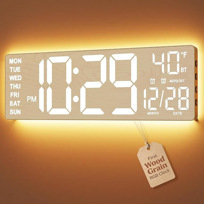 EASYERA 16.5" Large Digital Wall Clock with BT Sync, Wood Grain Clock with 11 RGB Light Scenes, Remote Control, Dual Alarms with Big LED Display, Auto DST, Temperature for Classroom Gaming