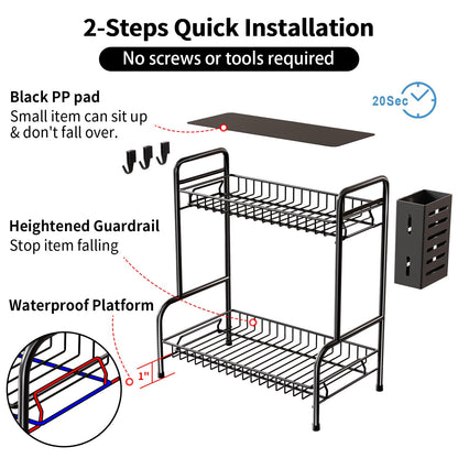 Bathroom Countertop Organizer With Toiletries Basket, 2 Tier Bathroom Counter Storage Rack with Adjustable Feetpad, No-Screw Caddy Stand for Vanity, Sturdy Metal Wire Black, Medium 12.8''L x 7.2''W