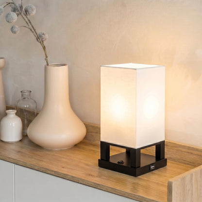 Brightech Maxwell Bedside Lamp with USB Port – Compact Table Lamp for Bedroom, Living Room - Modern Asian Nightstand Lamp with Wood Frame - LED Bulb, Soft Light - Black