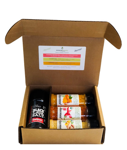 Rawseed Organic Himalayan Salt Gift Set, 4-Pack with Mild seasonings of Cayenne, Turmeric, Ginger Salt, 6 oz Each With Free RawHarvest Black Lava Salt Grinder 8 oz, Packed in an Artisan Gift Box.
