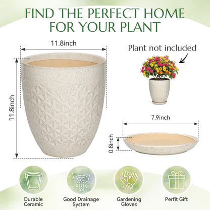 TOSELBAI 11.8 Inch Flower Pots for Indoor Plants,Ceramic Planter with Saucer Drainage Leak-Proof Mesh Gardening Gloves (Silk-White)